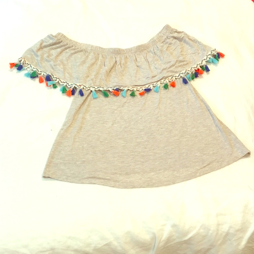 Off the shoulder top with colorful fringe tassels